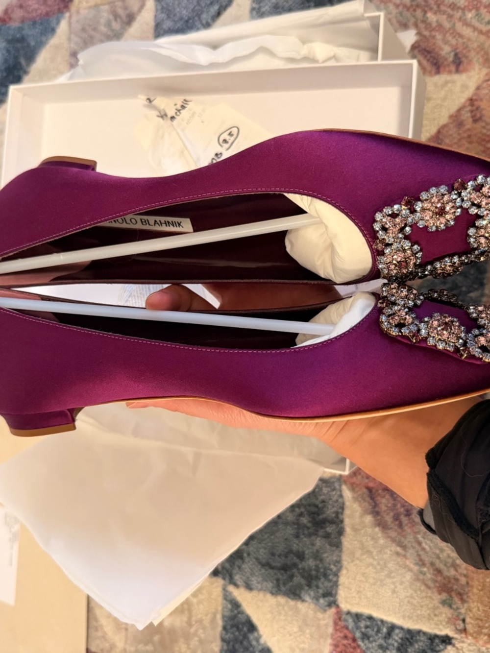 Manolo Blahnik Purple Satin Crystal-Embellished Pointed Flats - Picture 5 of 6